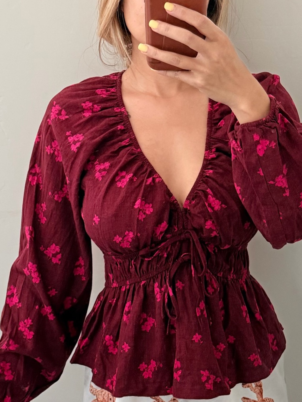 Universal Thread Burgundy V-Neck Blouse with Pink Floral Print